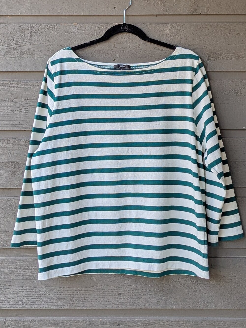 J. Crew Boatneck T-shirt Striped Heavyweight Cotton Creme Forest Green Size XL